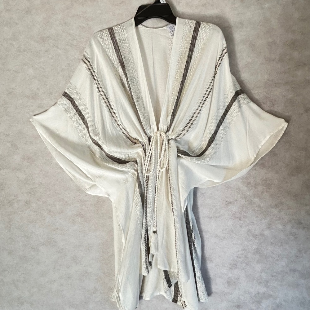 Time and Tru Ivory Stripe Layering Kimono Wrap Tassel Tie‎ TT251143 One Size NEW